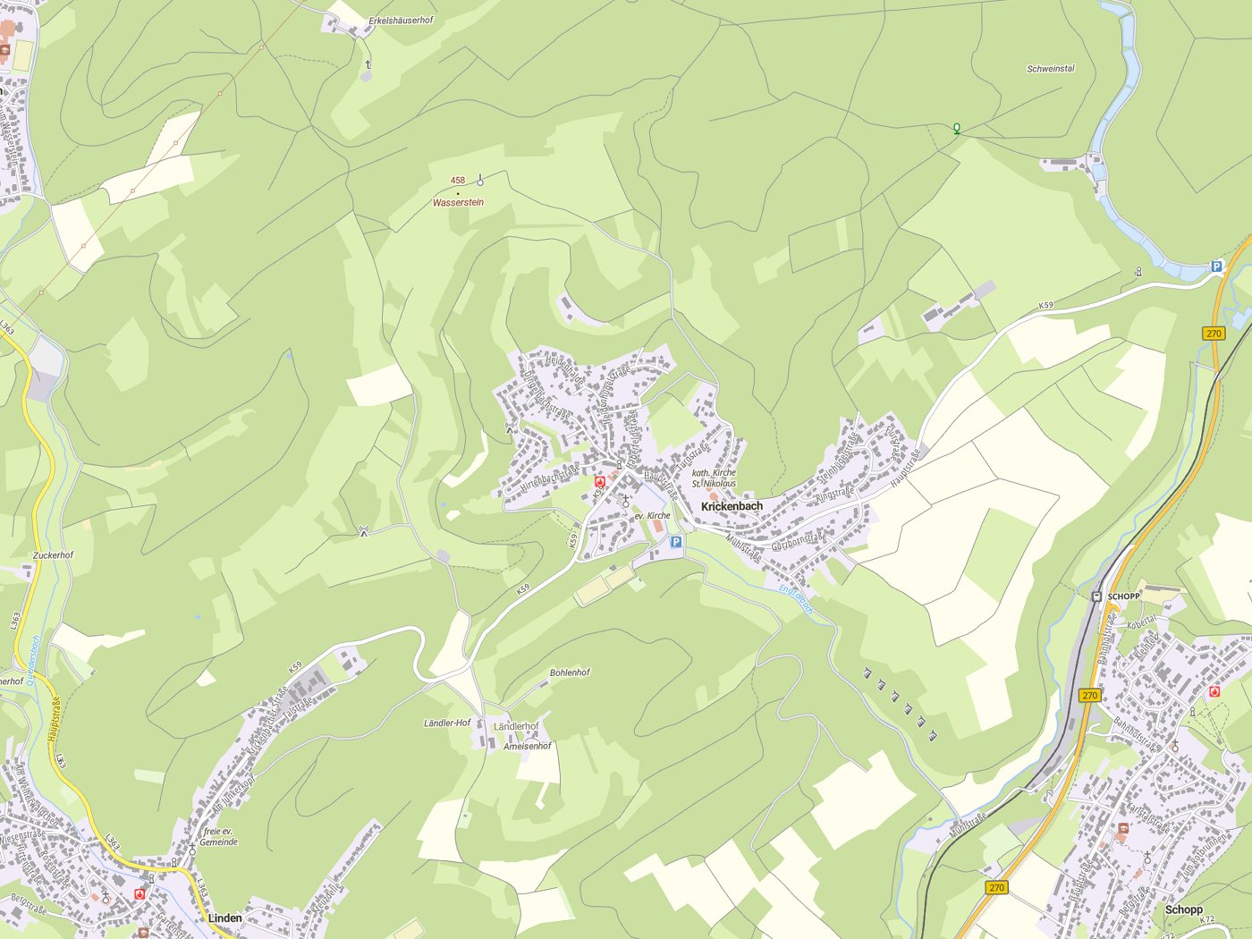 Kartenausschnitt Krickenbach mit Gewässern