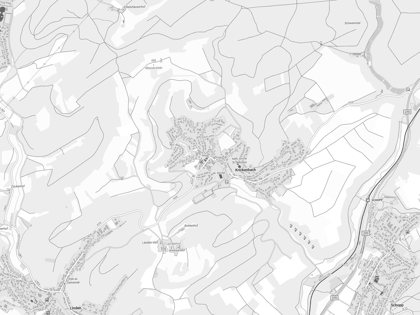 Kartenausschnitt Krickenbach mit Gewässern