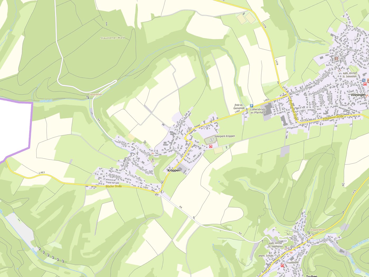 Kartenausschnitt Kröppen mit Gewässern