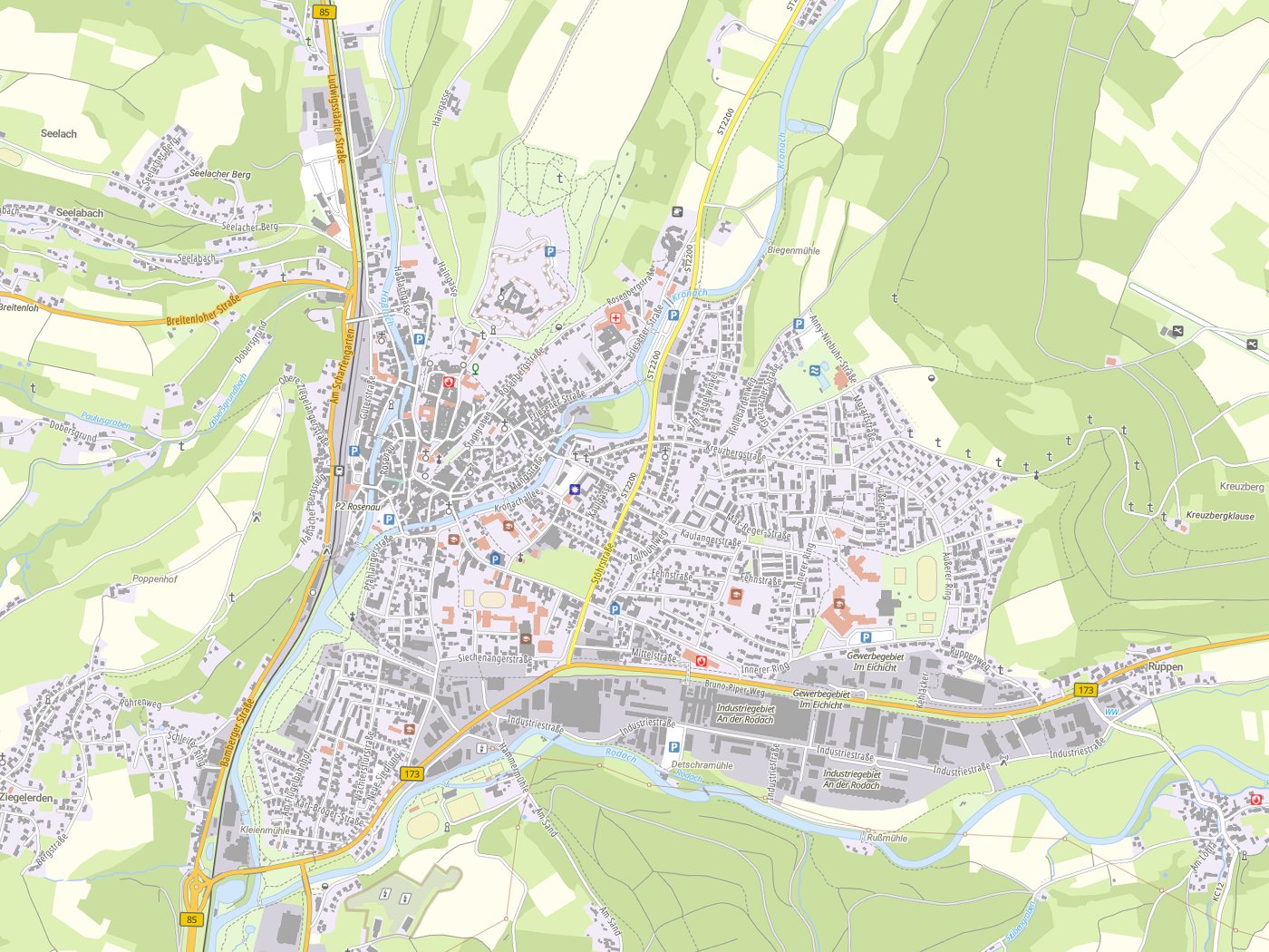 Kartenausschnitt Kronach mit Gewässern