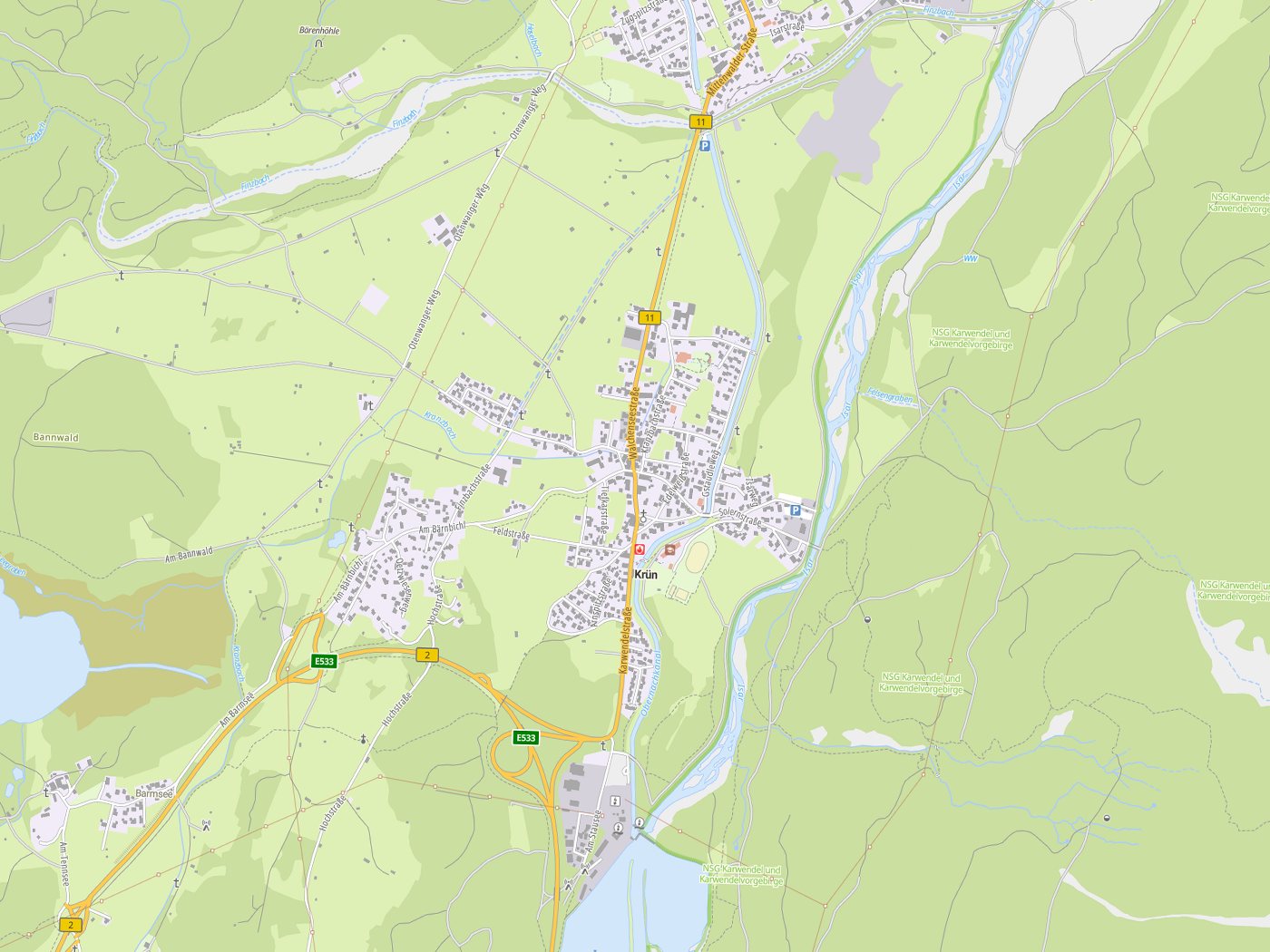 Kartenausschnitt Krün mit Gewässern