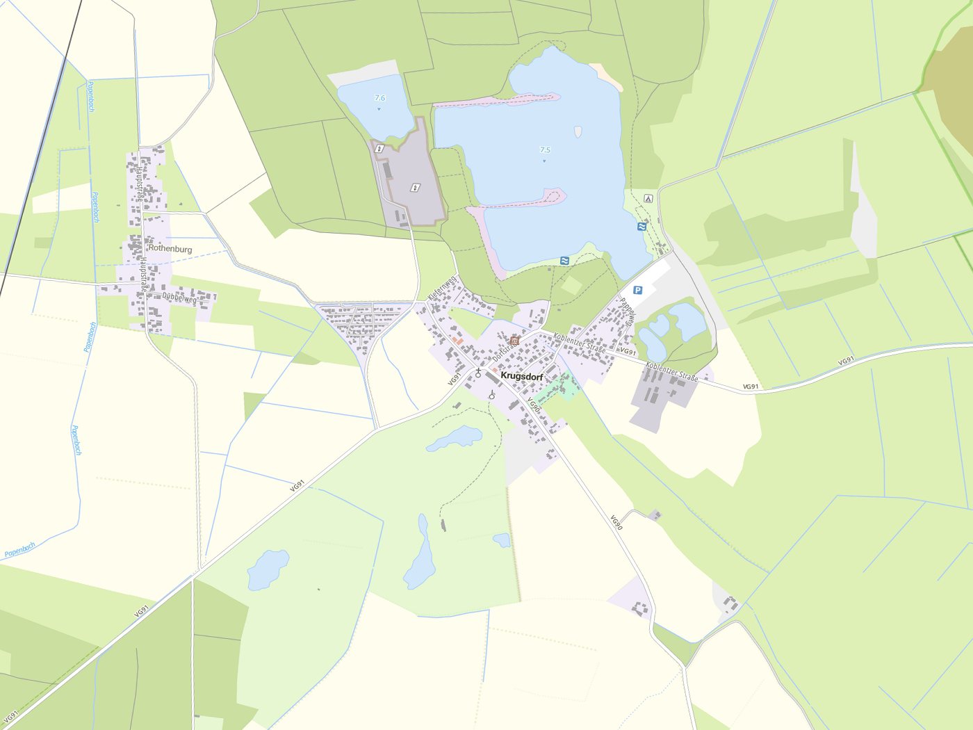 Kartenausschnitt Krugsdorf mit Gewässern