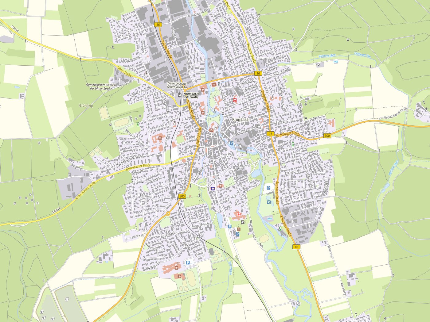 Kartenausschnitt Krumbach mit Gewässern