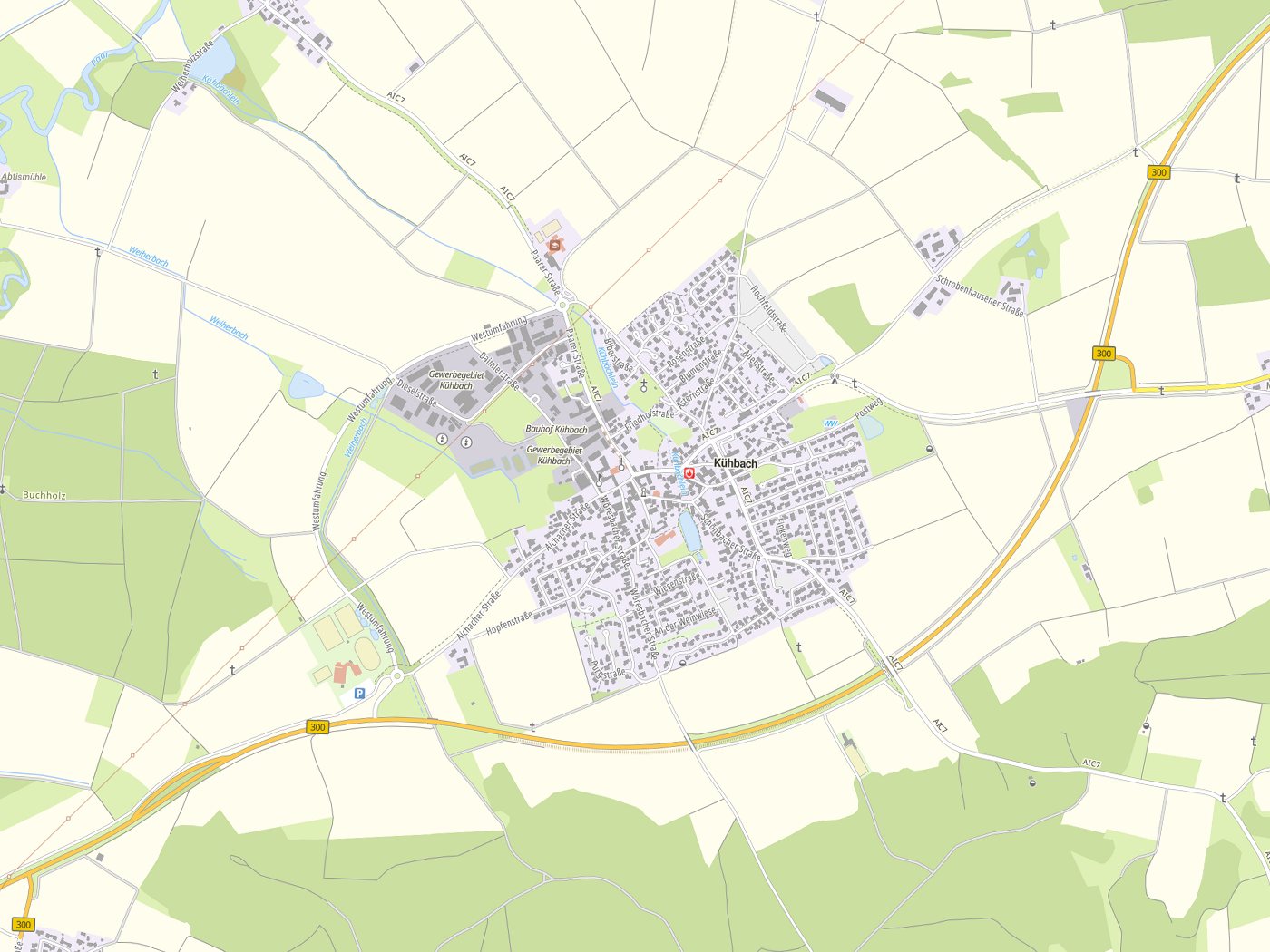 Kartenausschnitt Kühbach mit Gewässern