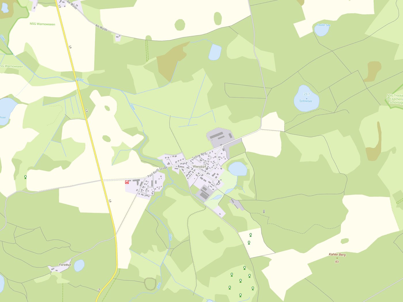 Kartenausschnitt Kuhlen-Wendorf mit Gewässern