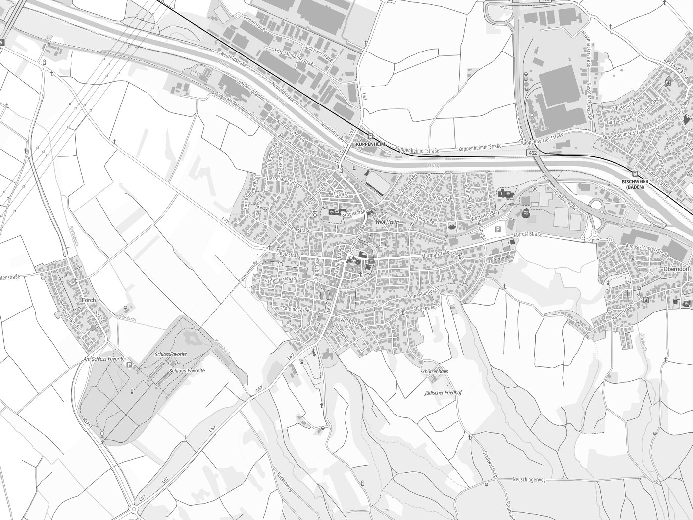 Kartenausschnitt Kuppenheim mit Gewässern