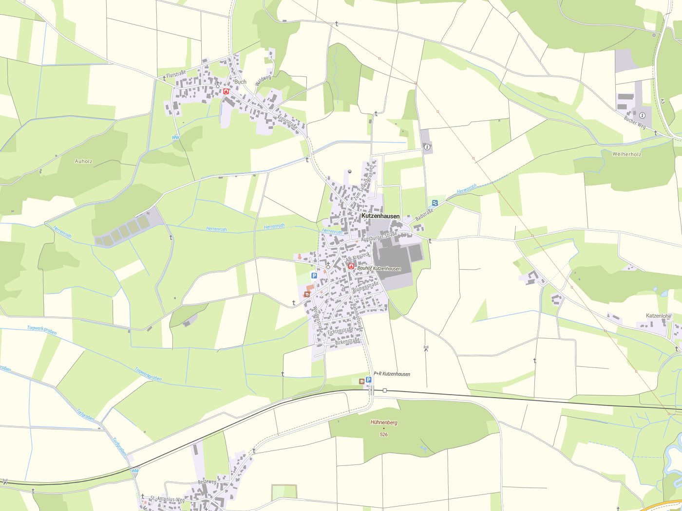 Kartenausschnitt Kutzenhausen mit Gewässern