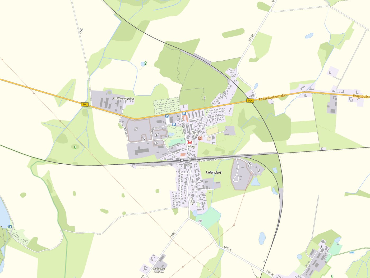 Kartenausschnitt Lalendorf mit Gewässern