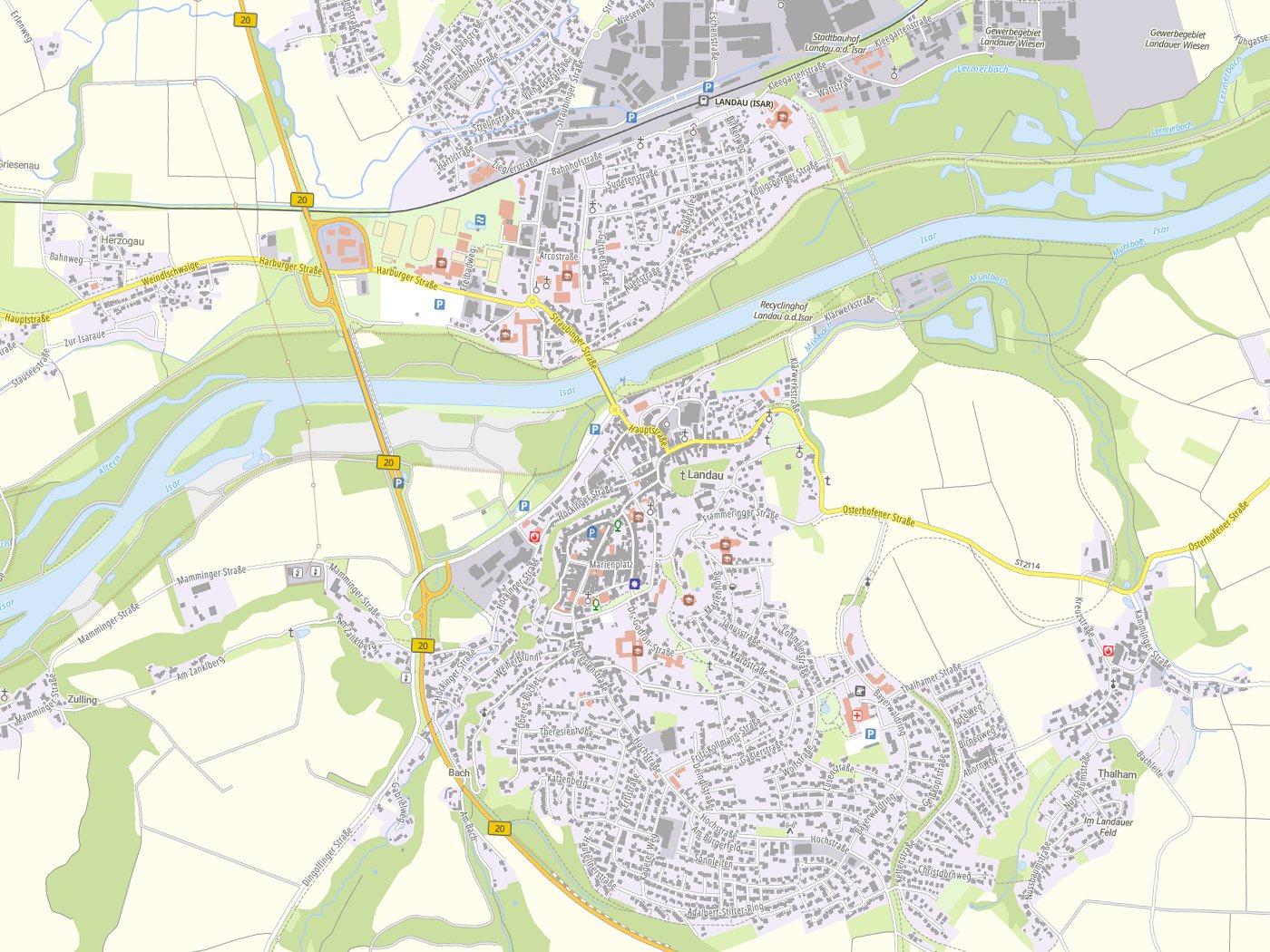 Kartenausschnitt Landau an der Isar mit Gewässern