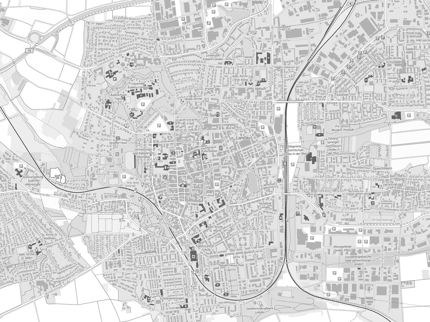 Kartenausschnitt Landau in der Pfalz mit Gewässern