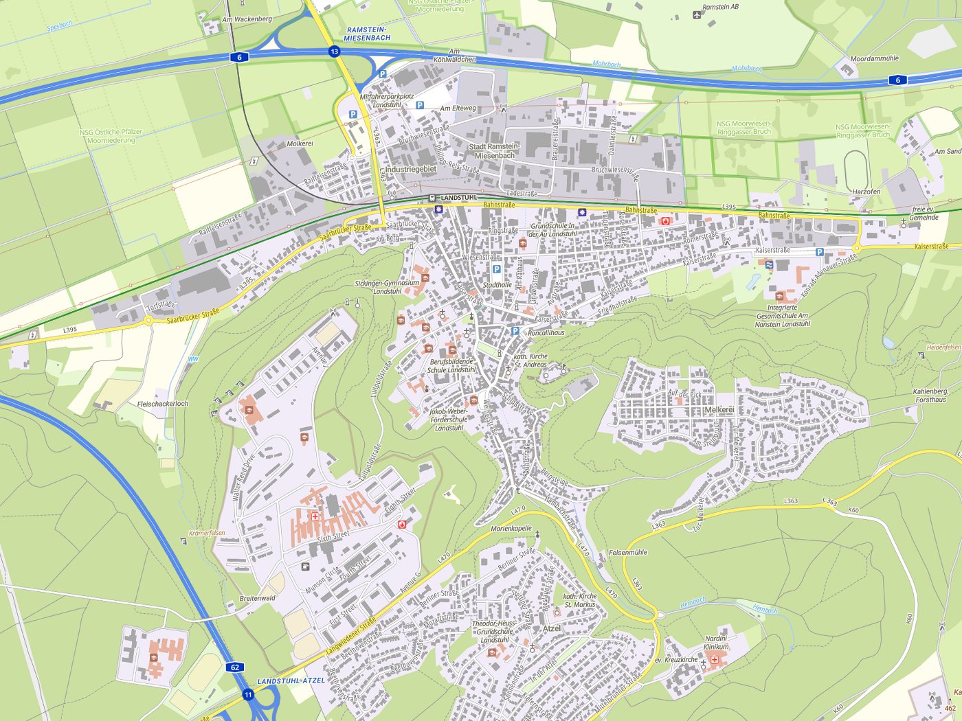 Kartenausschnitt Landstuhl mit Gewässern