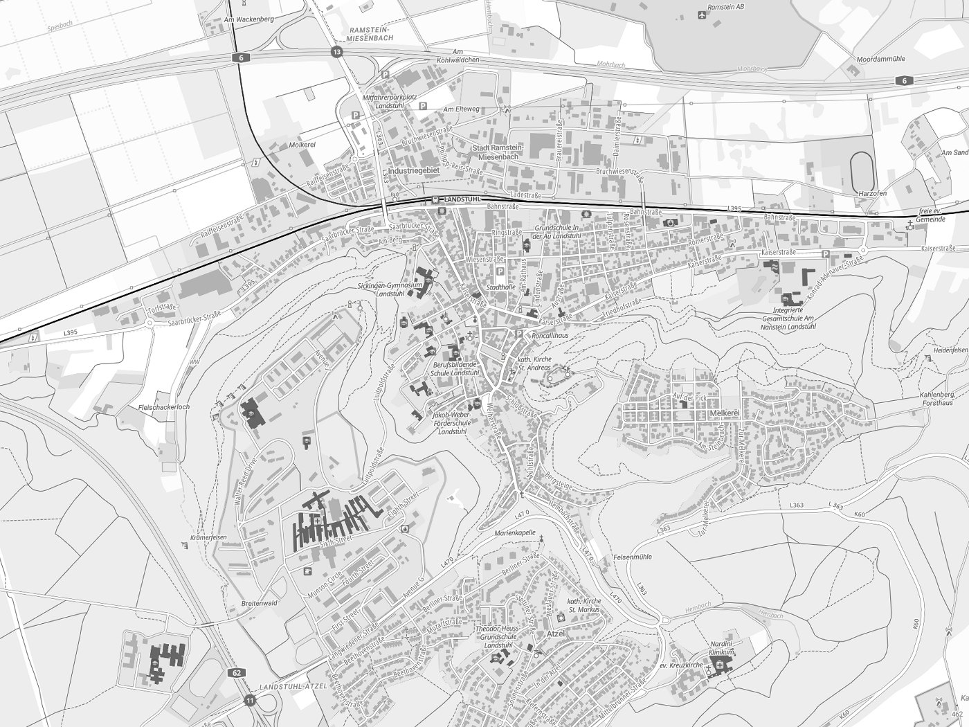 Kartenausschnitt Landstuhl mit Gewässern