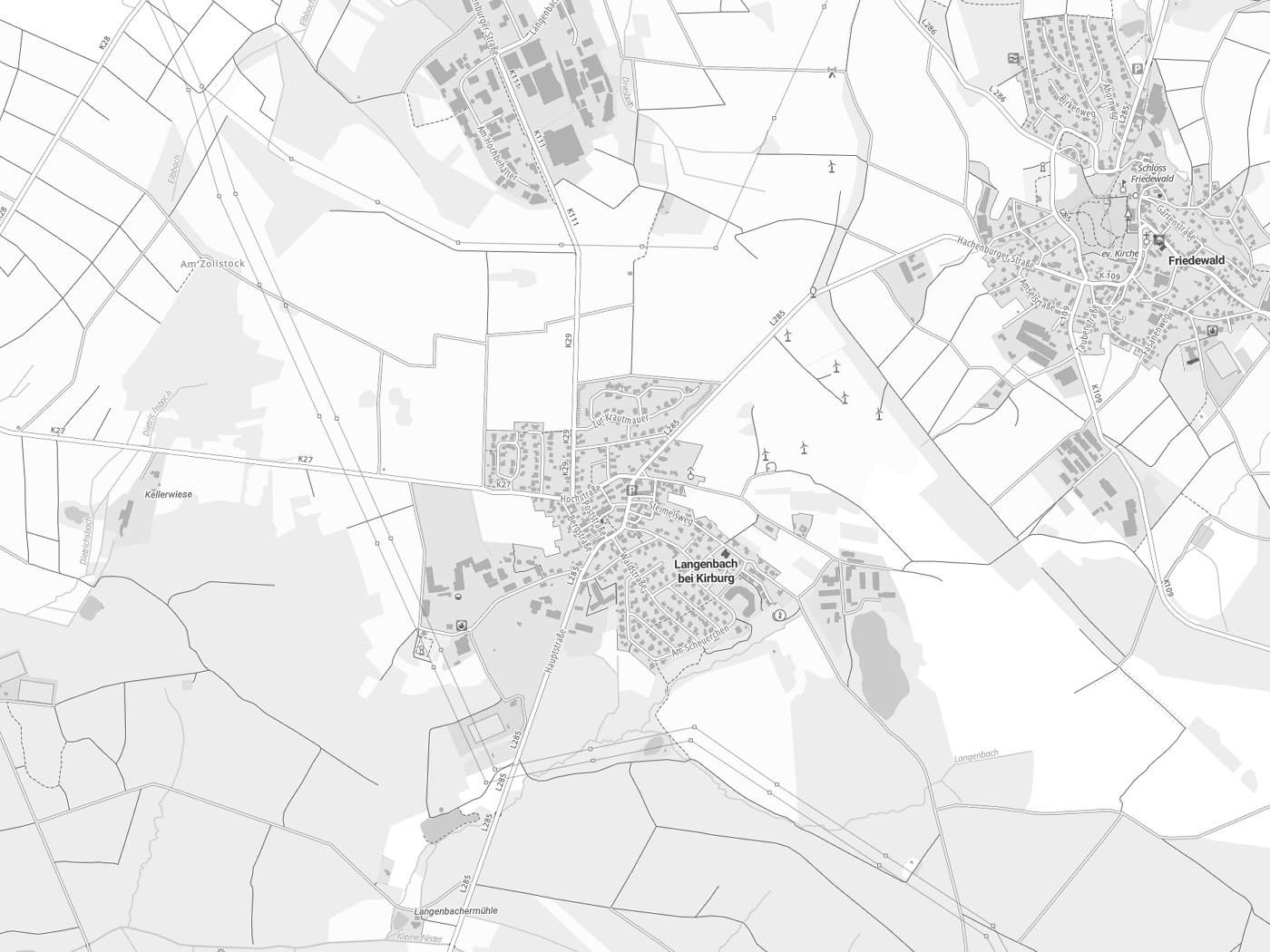 Kartenausschnitt Langenbach bei Kirburg mit Gewässern