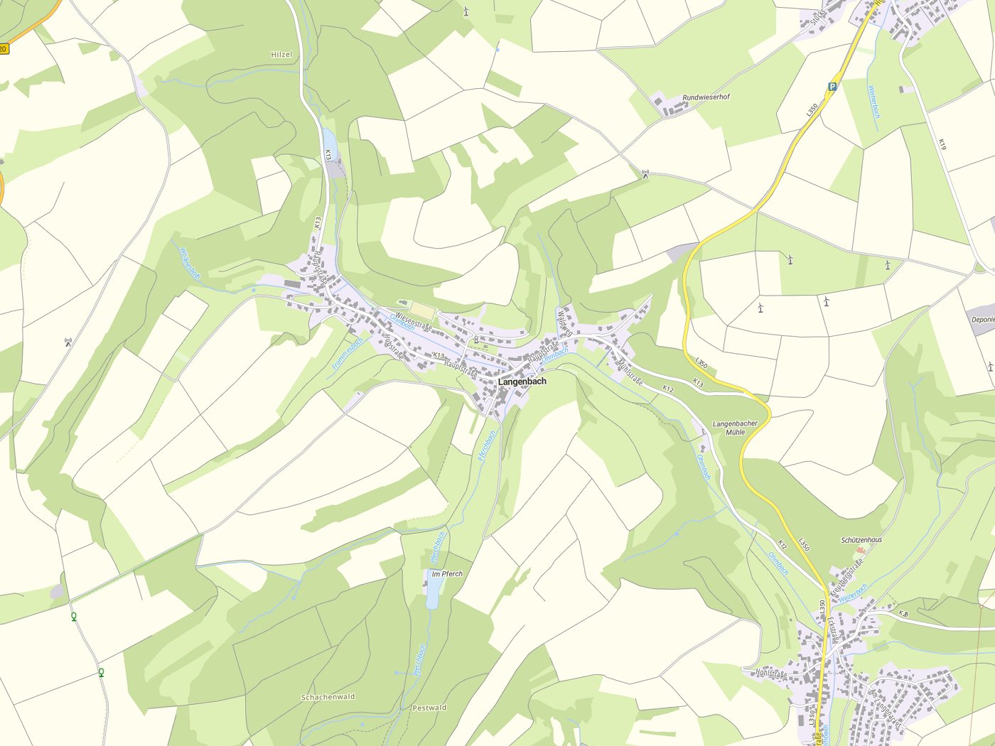 Kartenausschnitt Langenbach mit Gewässern
