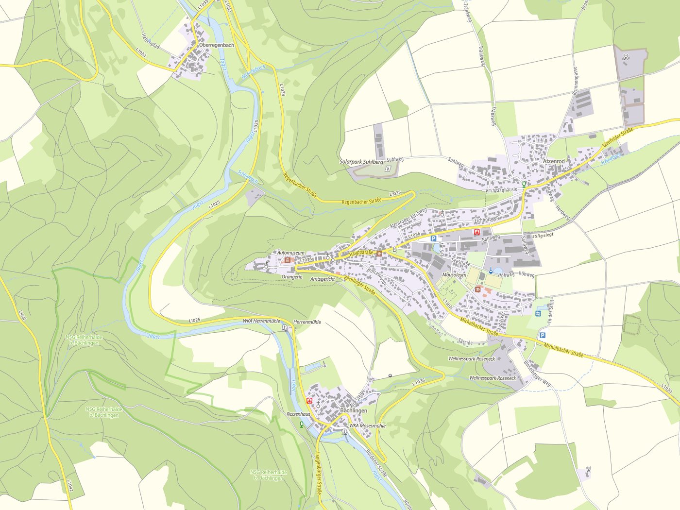 Kartenausschnitt Langenburg mit Gewässern