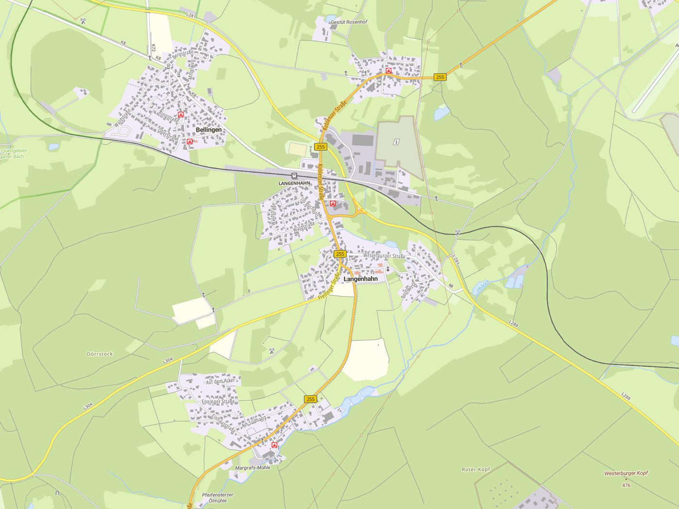 Kartenausschnitt Langenhahn mit Gewässern
