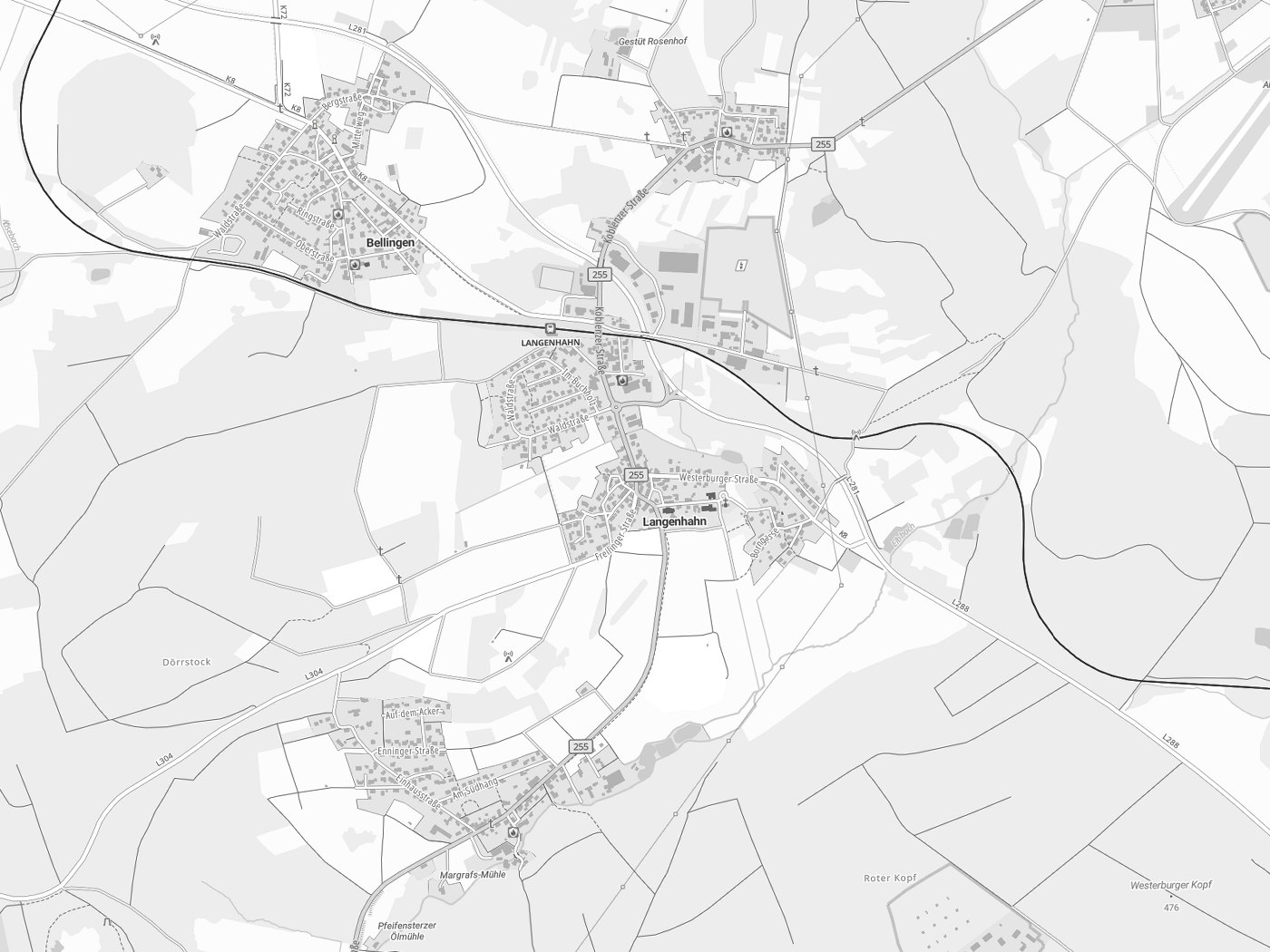 Kartenausschnitt Langenhahn mit Gewässern
