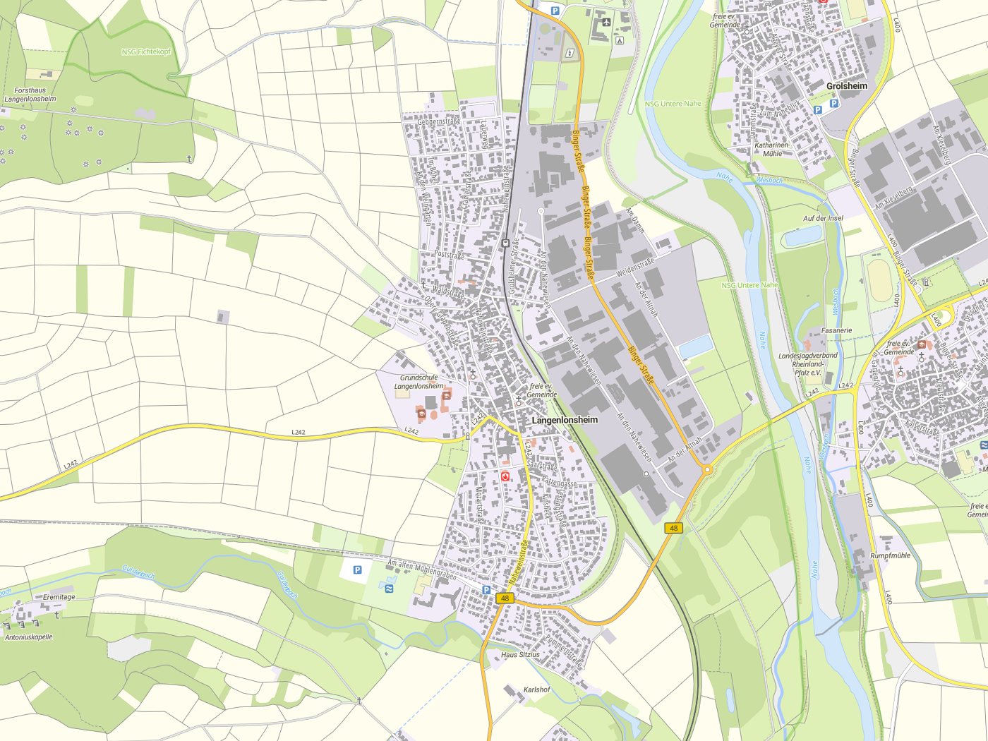 Kartenausschnitt Langenlonsheim mit Gewässern