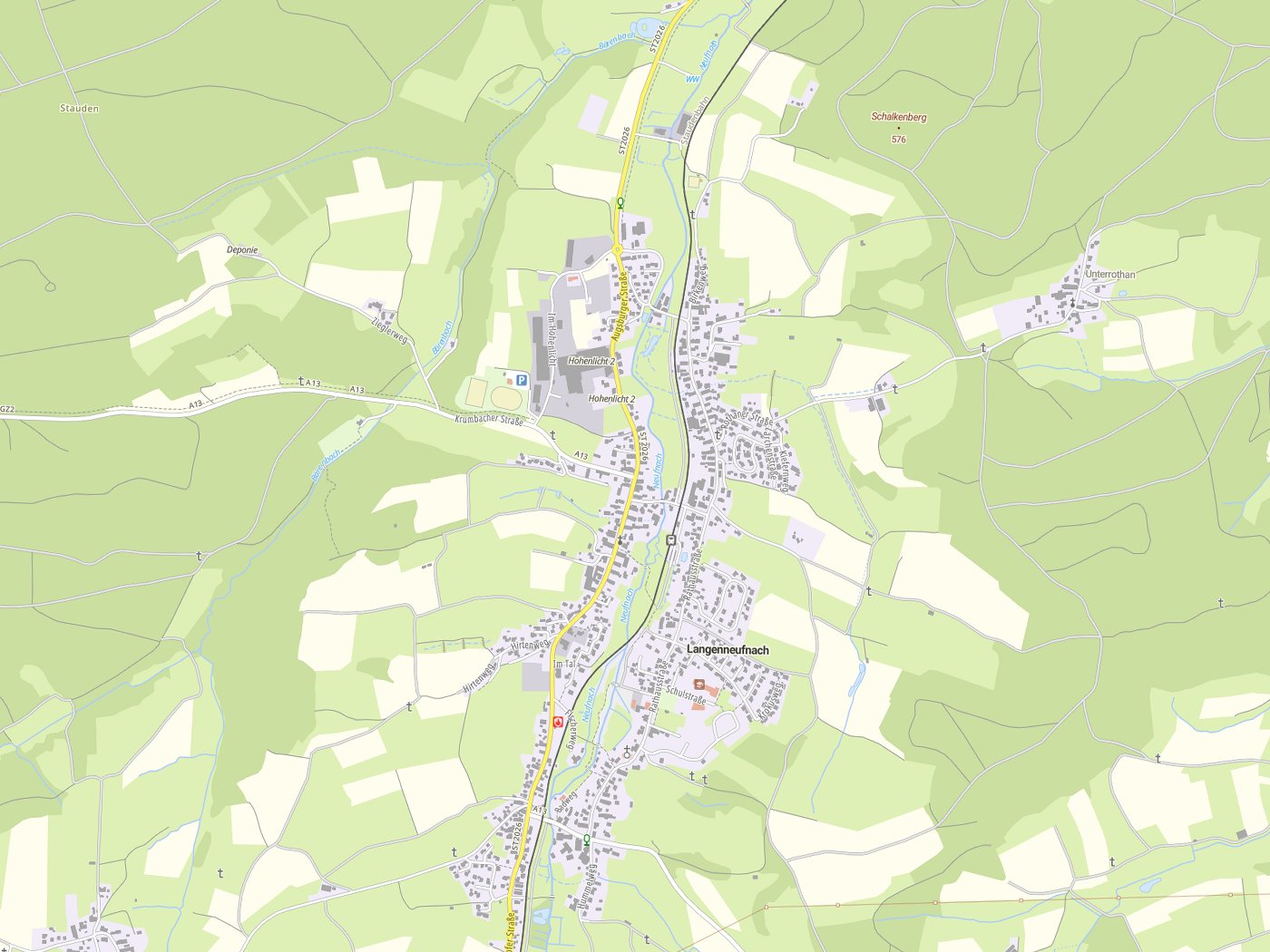 Kartenausschnitt Langenneufnach mit Gewässern