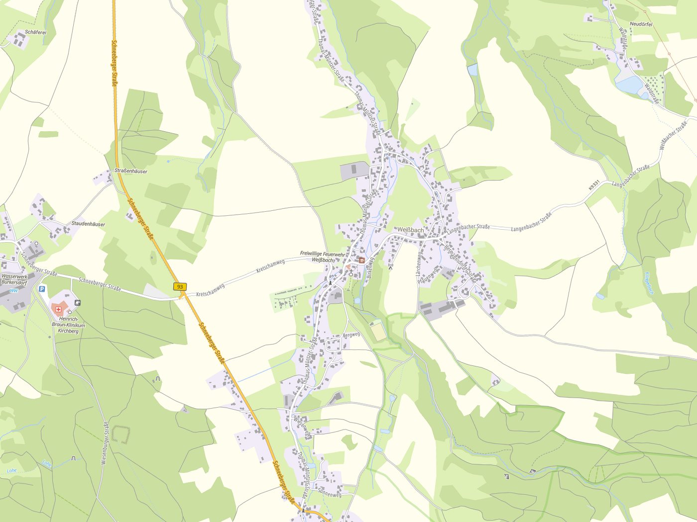 Kartenausschnitt Langenweißbach mit Gewässern