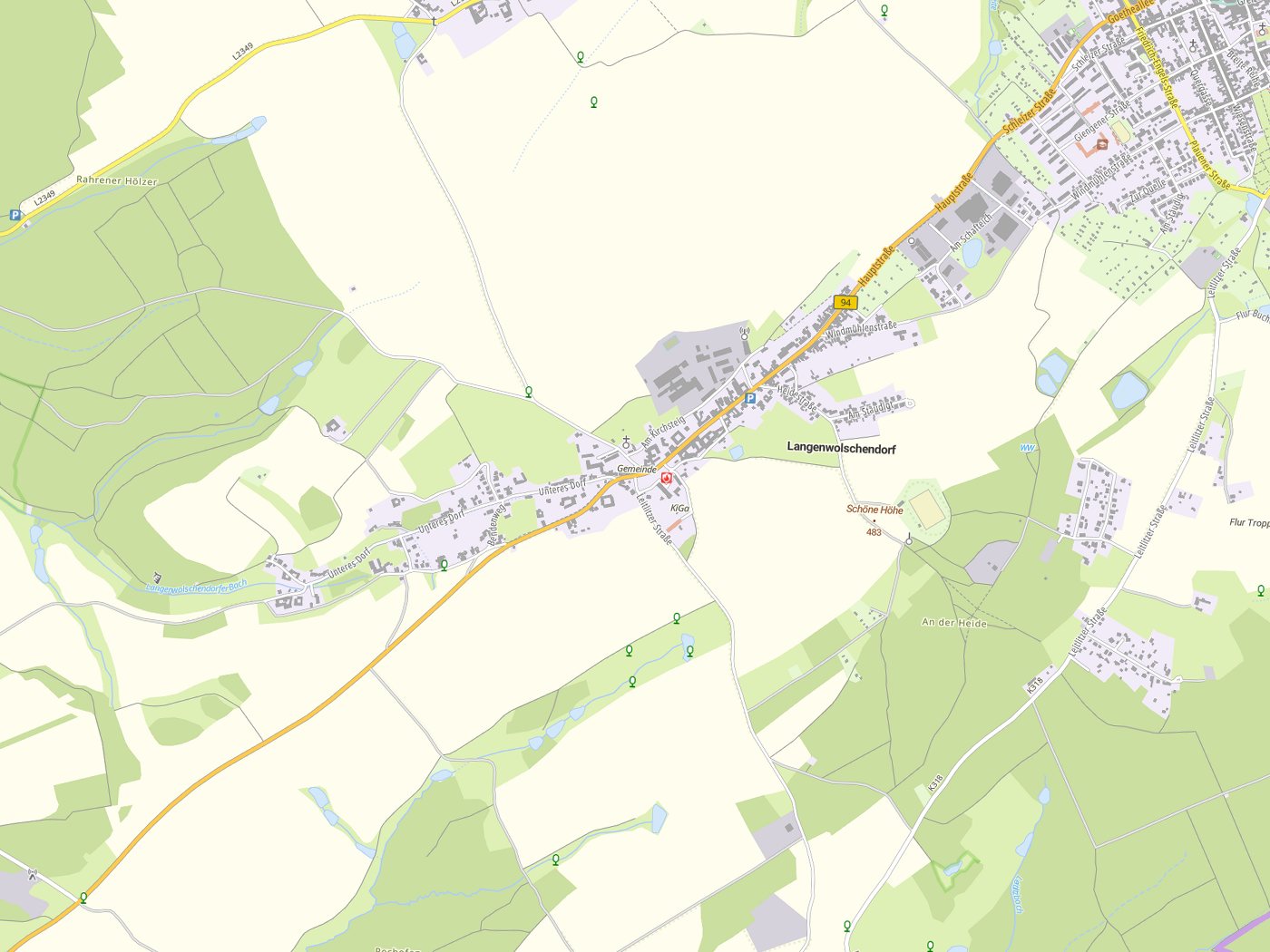 Kartenausschnitt Langenwolschendorf mit Gewässern