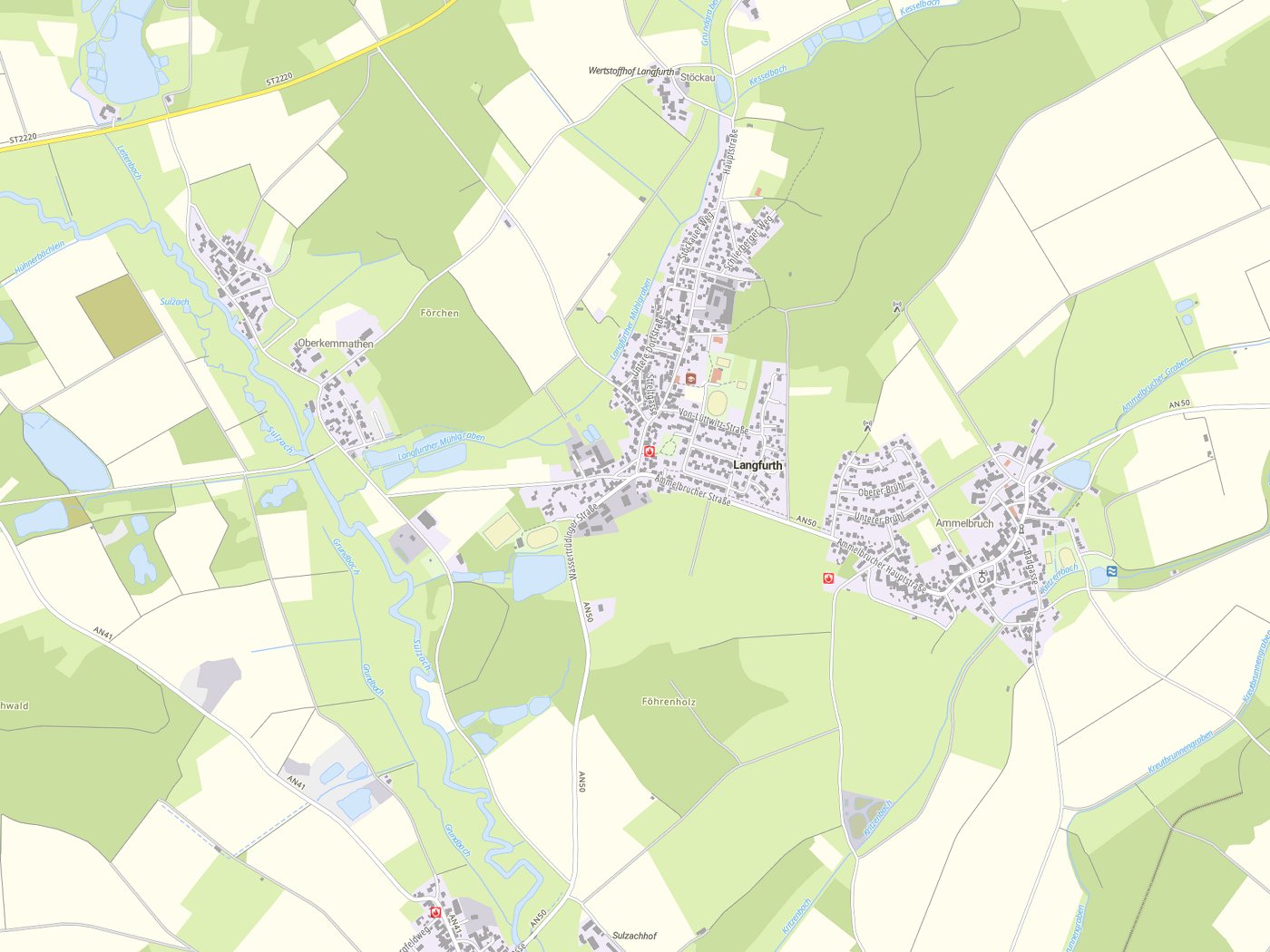 Kartenausschnitt Langfurth mit Gewässern