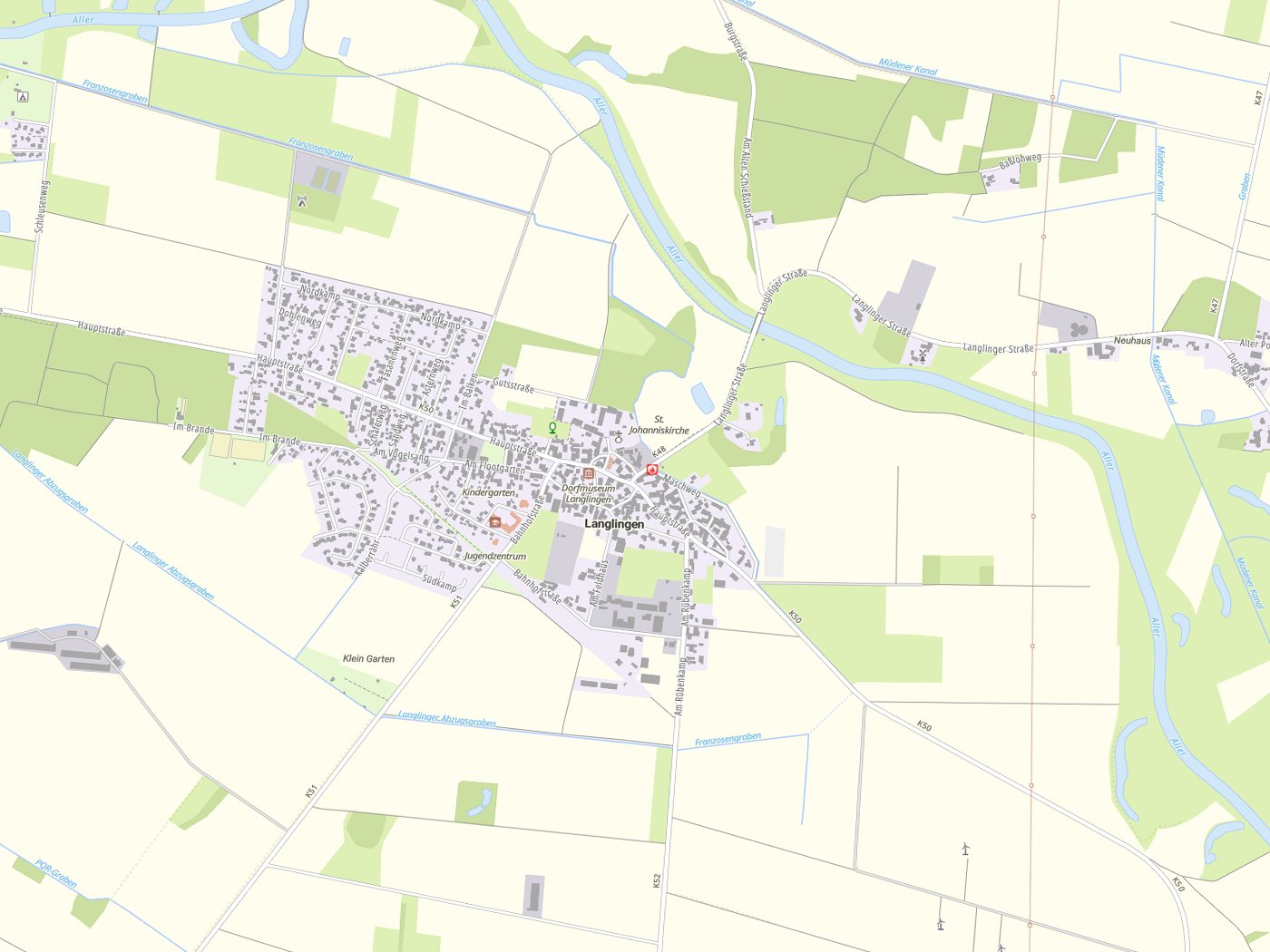 Kartenausschnitt Langlingen mit Gewässern