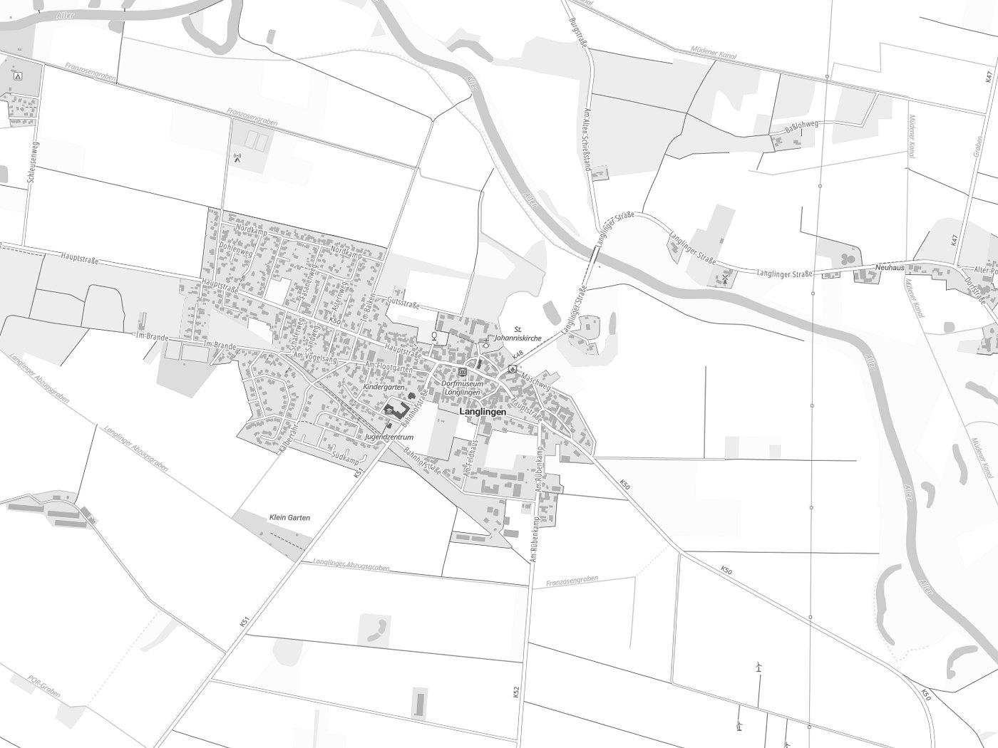 Kartenausschnitt Langlingen mit Gewässern