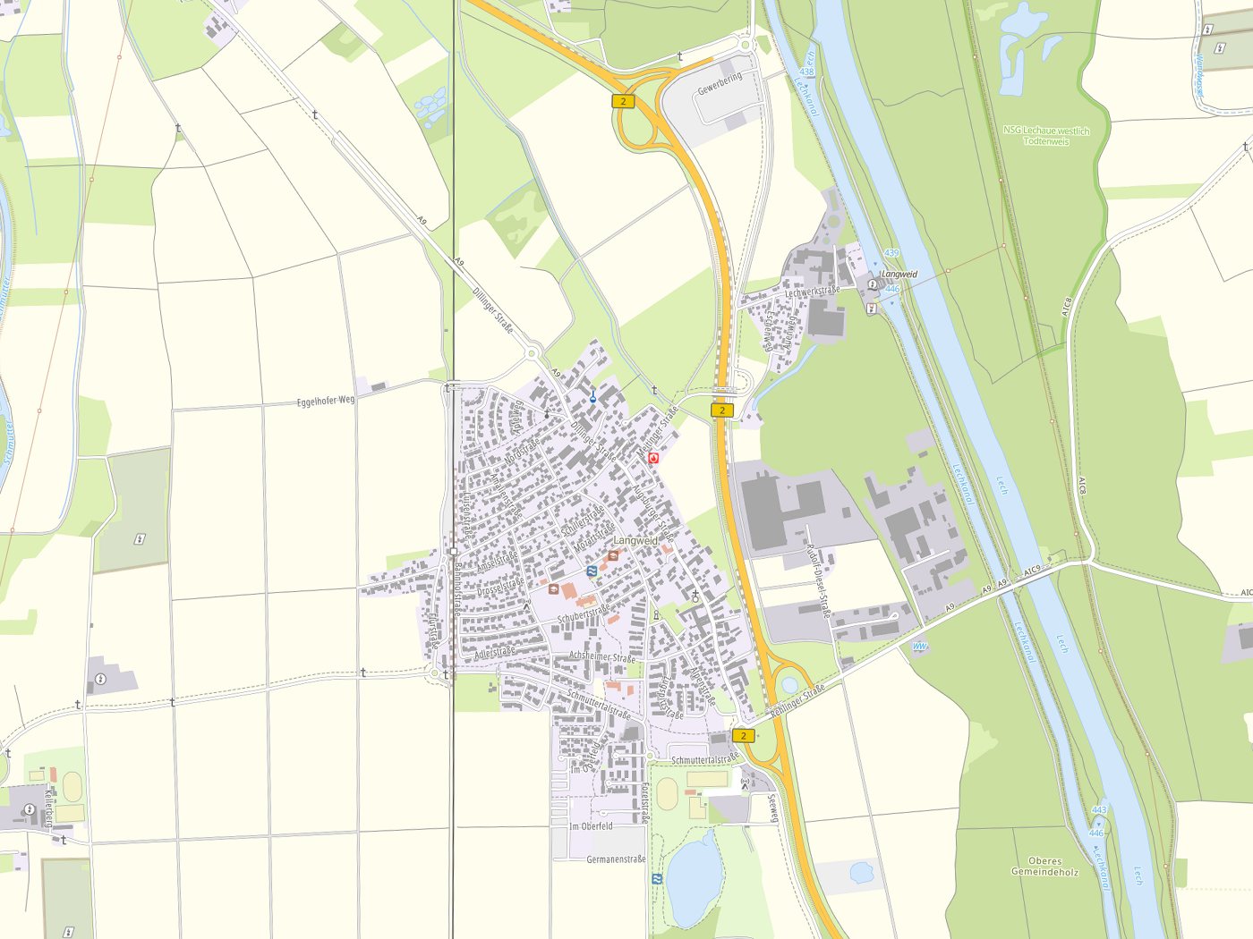Kartenausschnitt Langweid a.Lech mit Gewässern