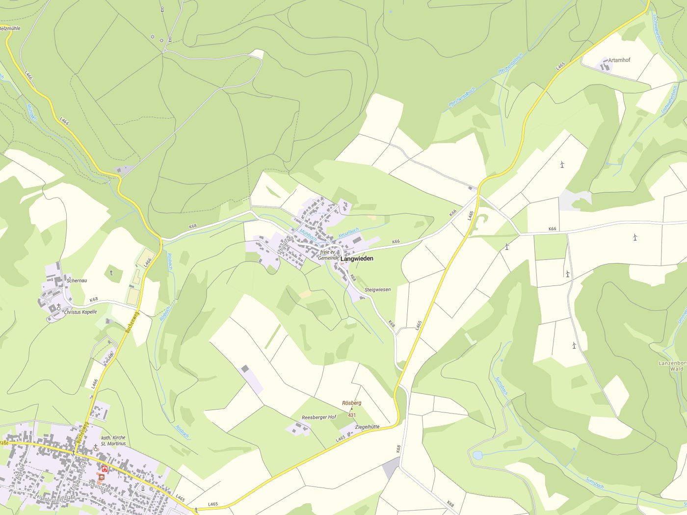 Kartenausschnitt Langwieden mit Gewässern