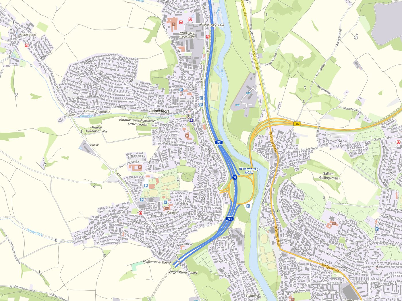 Kartenausschnitt Lappersdorf mit Gewässern
