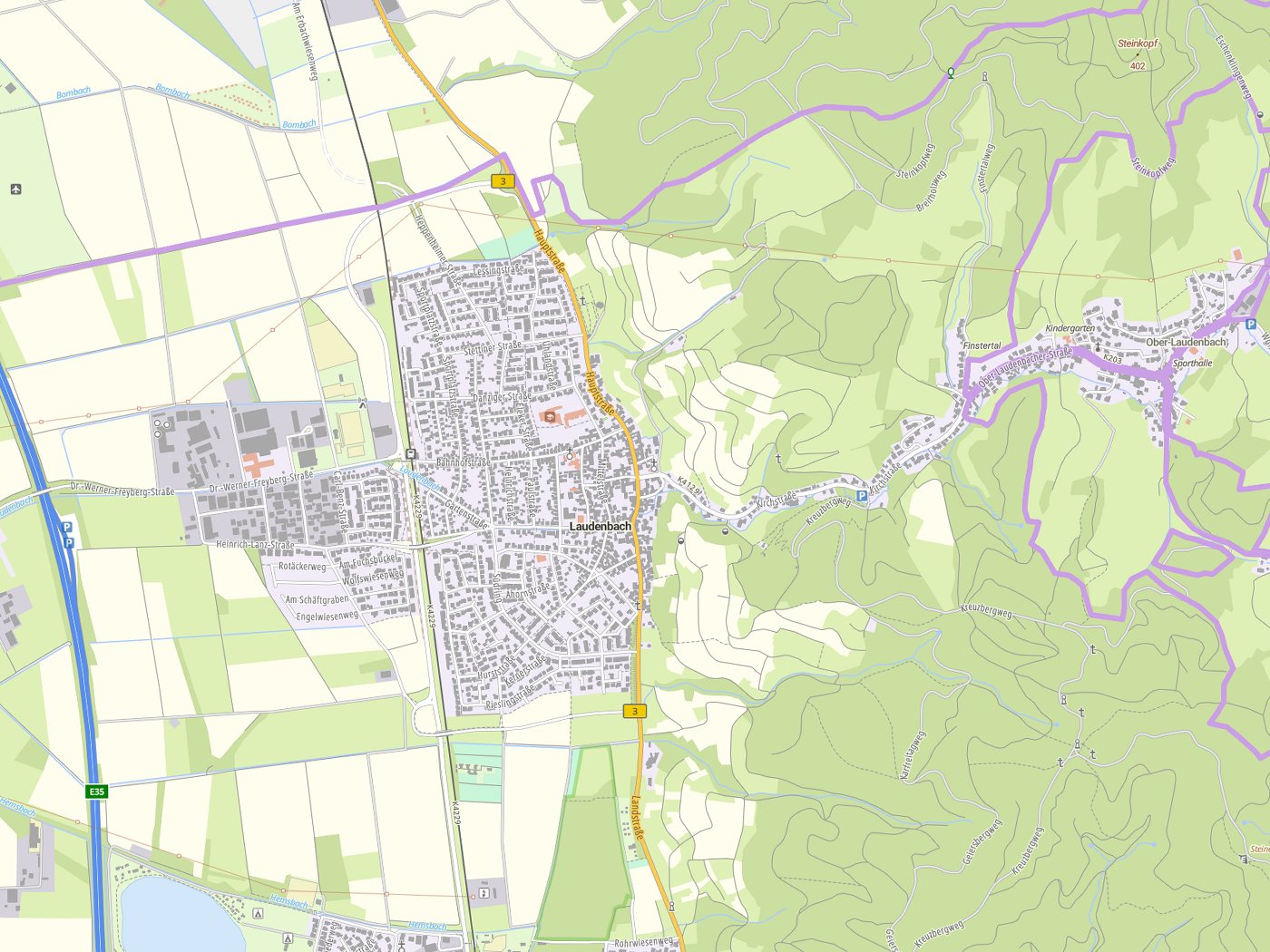 Kartenausschnitt Laudenbach mit Gewässern