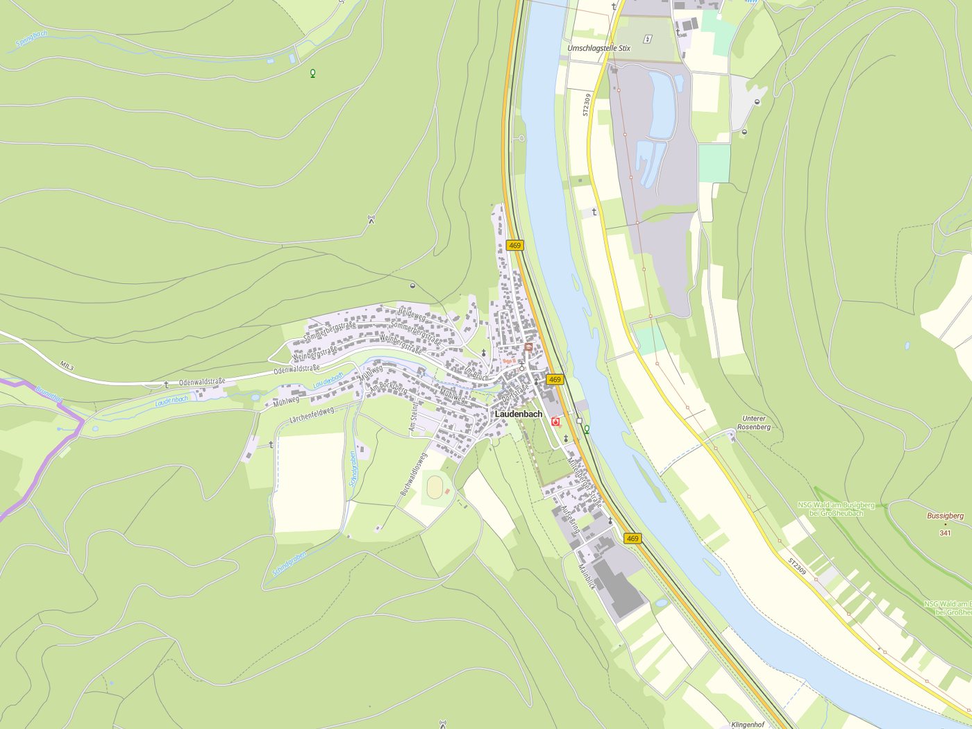Kartenausschnitt Laudenbach mit Gewässern
