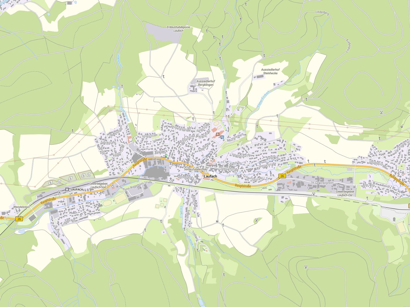 Kartenausschnitt Laufach mit Gewässern