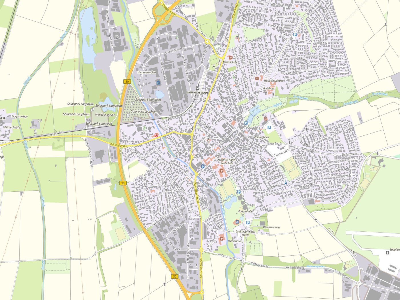 Kartenausschnitt Laupheim mit Gewässern
