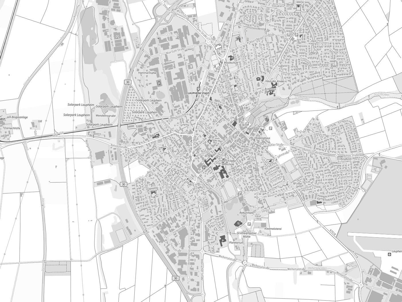 Kartenausschnitt Laupheim mit Gewässern