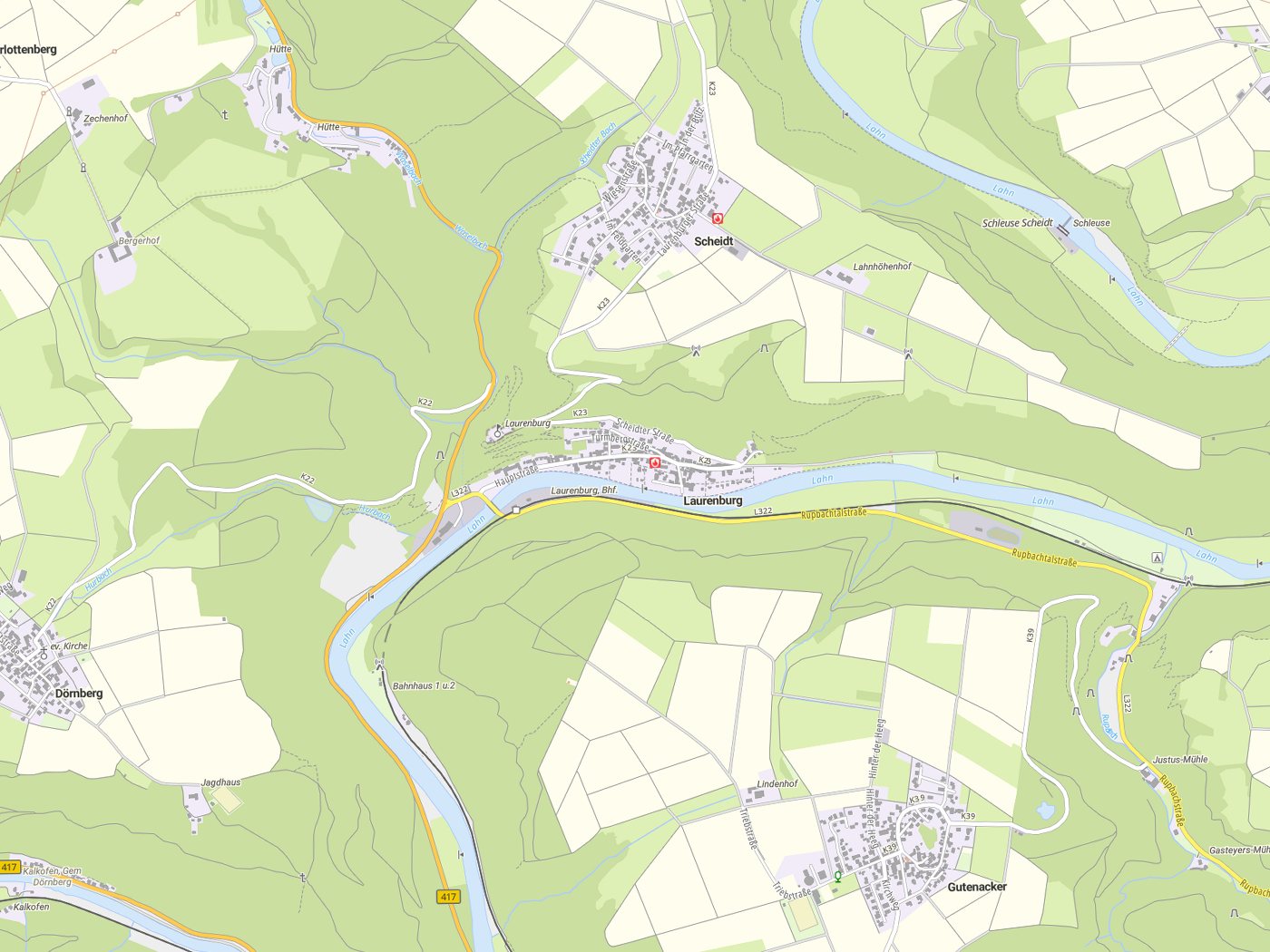 Kartenausschnitt Laurenburg mit Gewässern