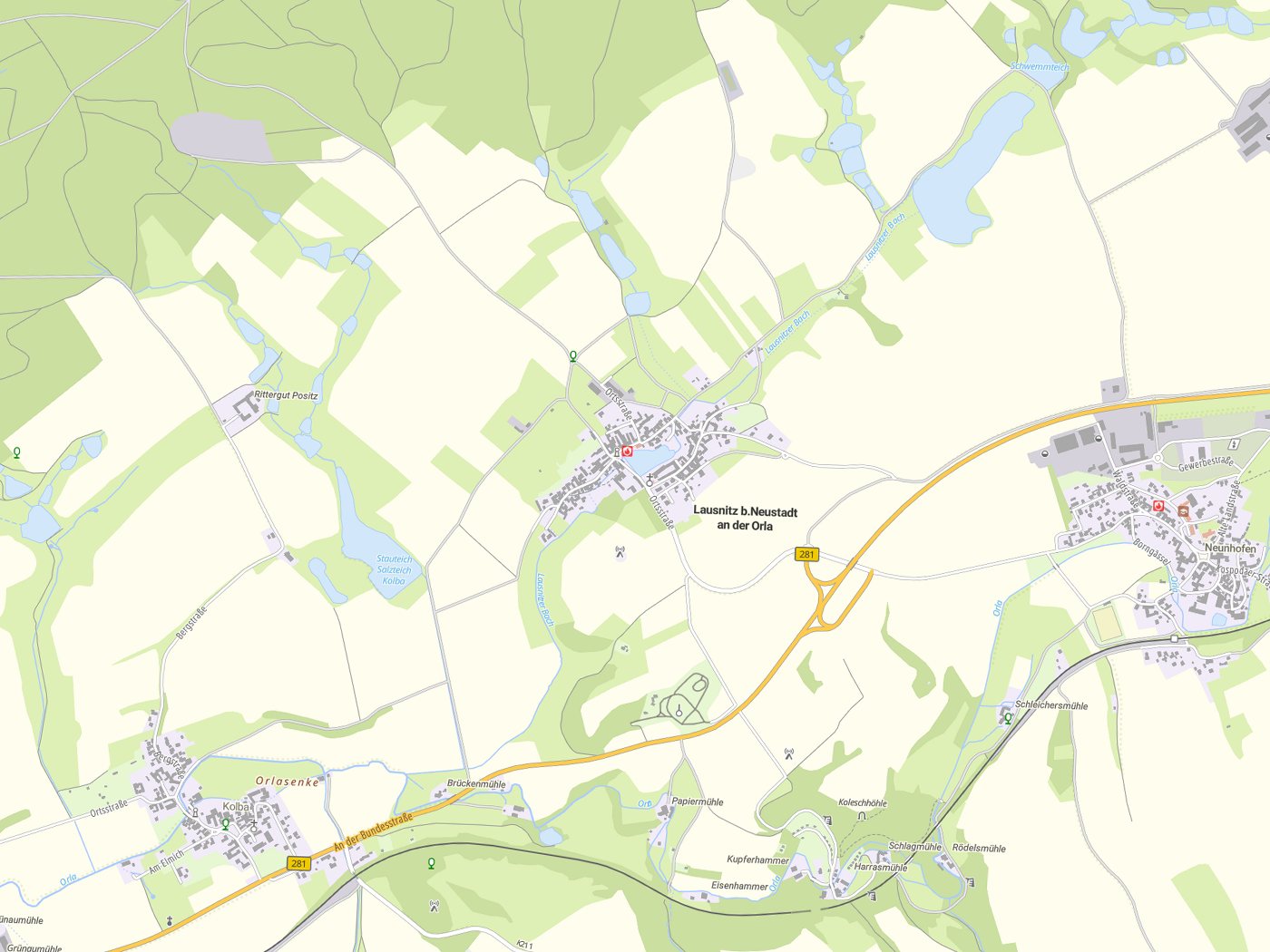 Kartenausschnitt Lausnitz b. Neustadt an der Orla mit Gewässern