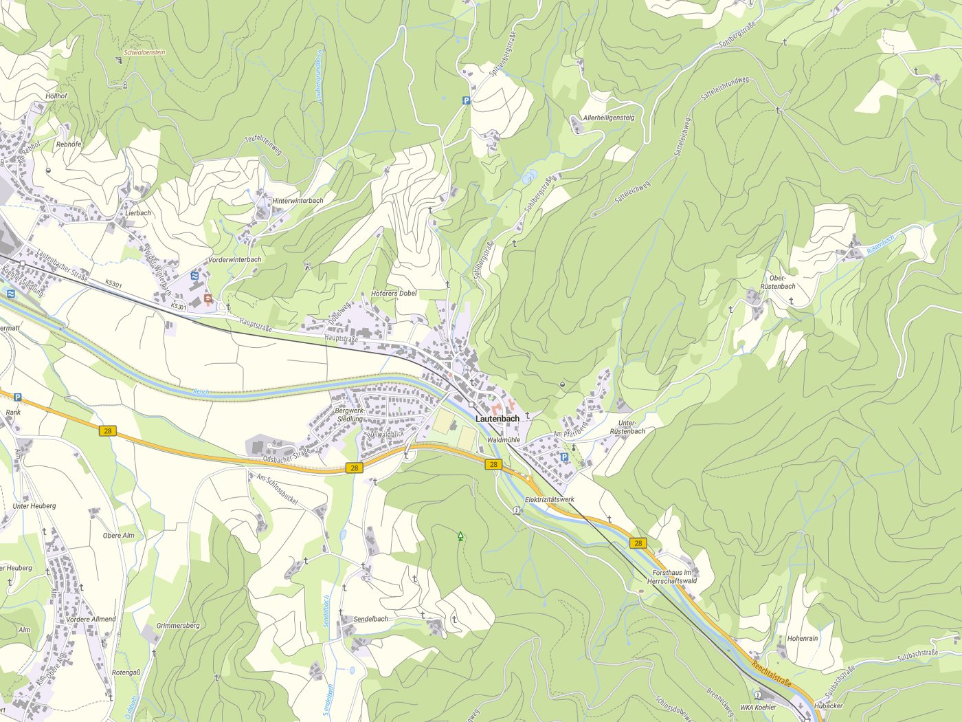Kartenausschnitt Lautenbach mit Gewässern