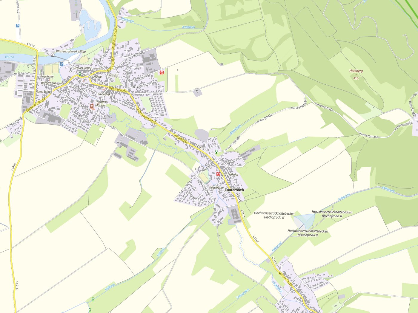 Kartenausschnitt Lauterbach mit Gewässern