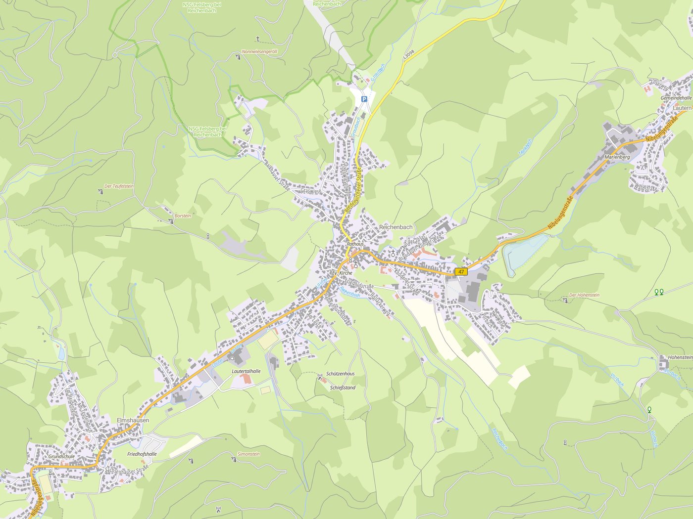 Kartenausschnitt Lautertal (Odenwald) mit Gewässern