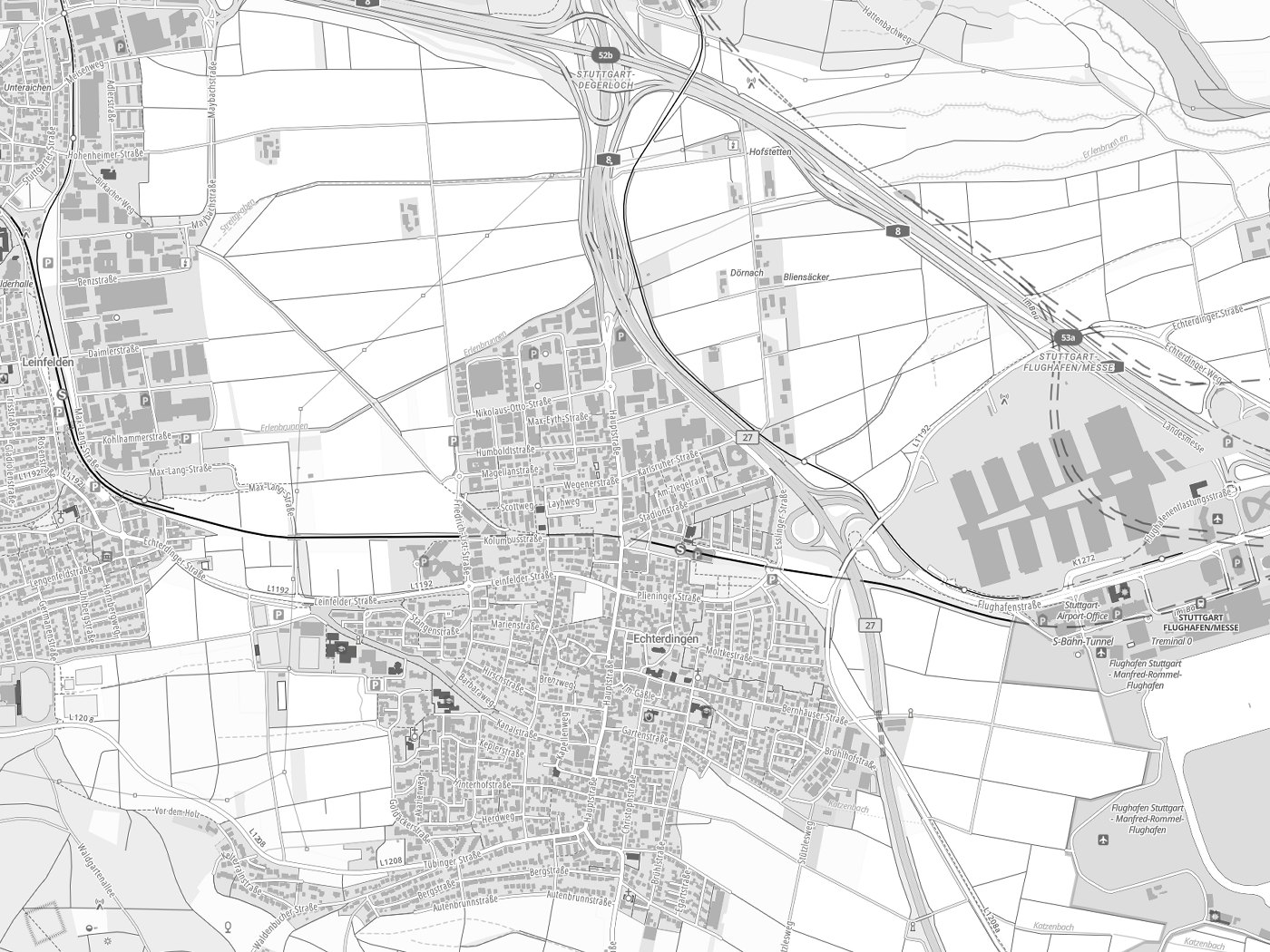 Kartenausschnitt Leinfelden-Echterdingen mit Gewässern