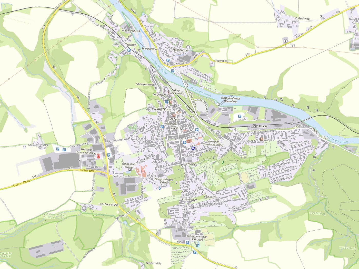 Kartenausschnitt Leisnig mit Gewässern