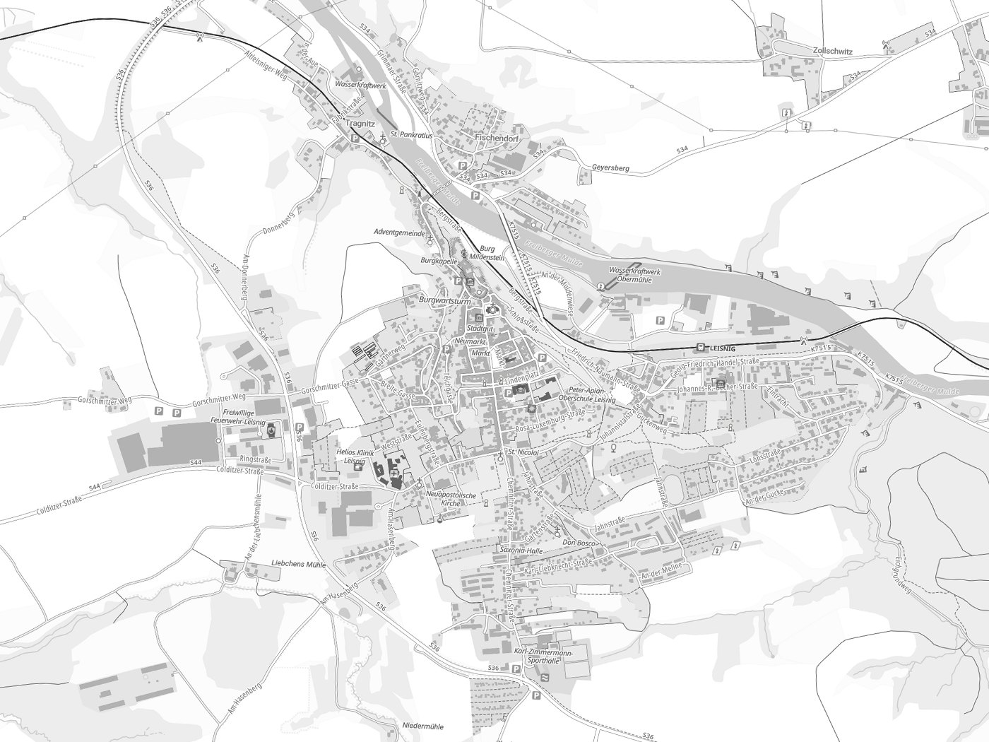Kartenausschnitt Leisnig mit Gewässern