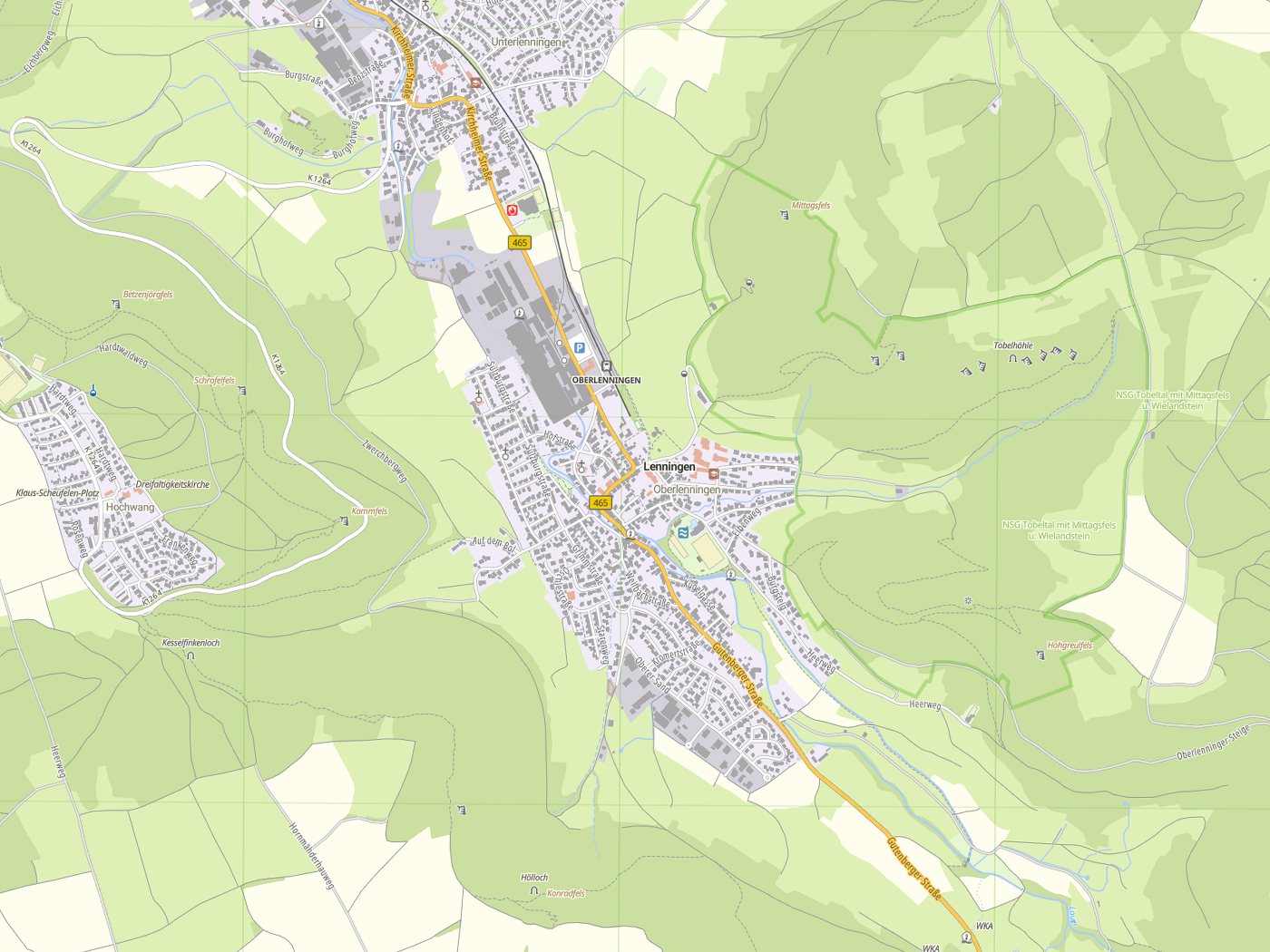Kartenausschnitt Lenningen mit Gewässern