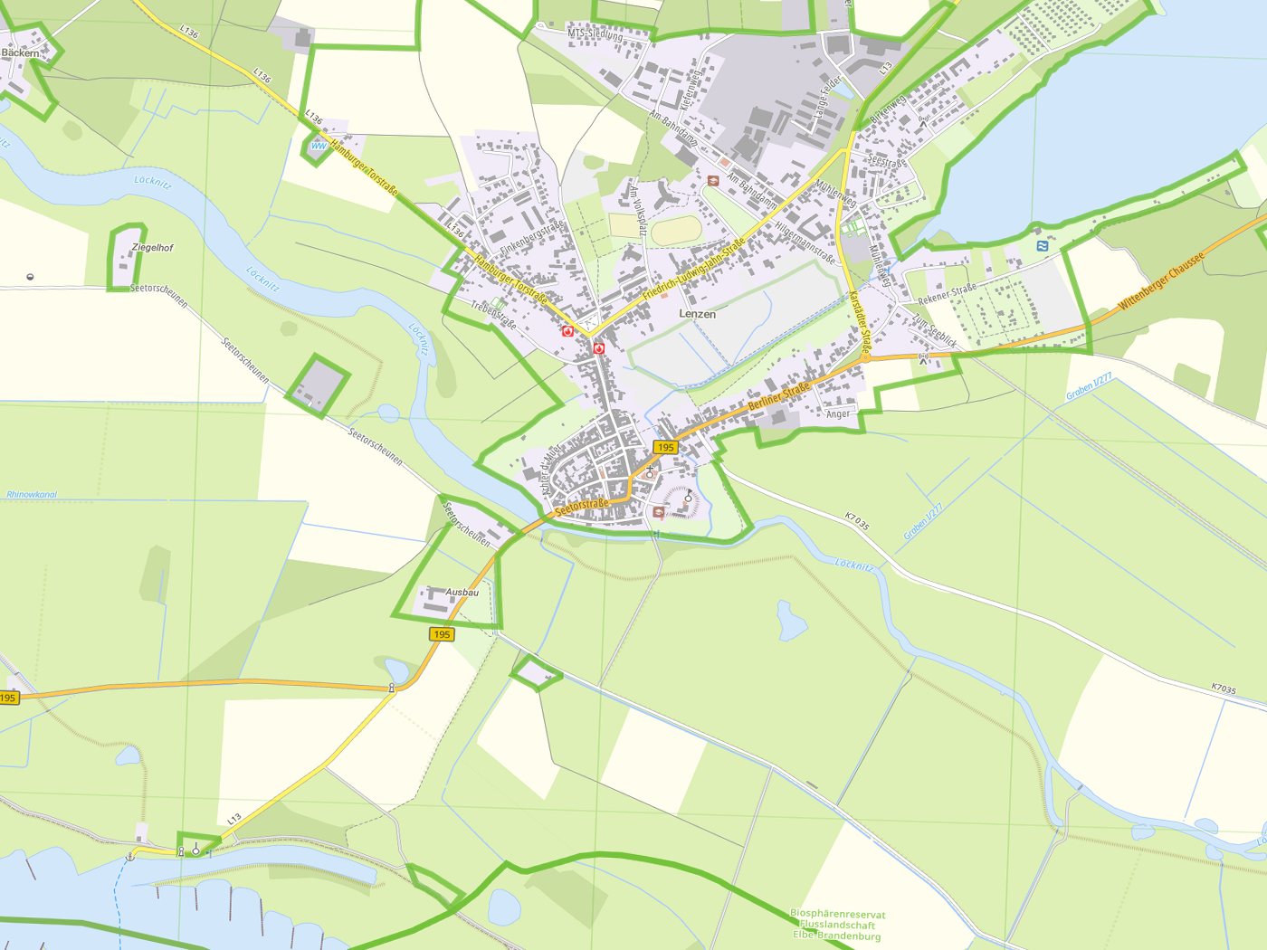 Kartenausschnitt Lenzen (Elbe) mit Gewässern