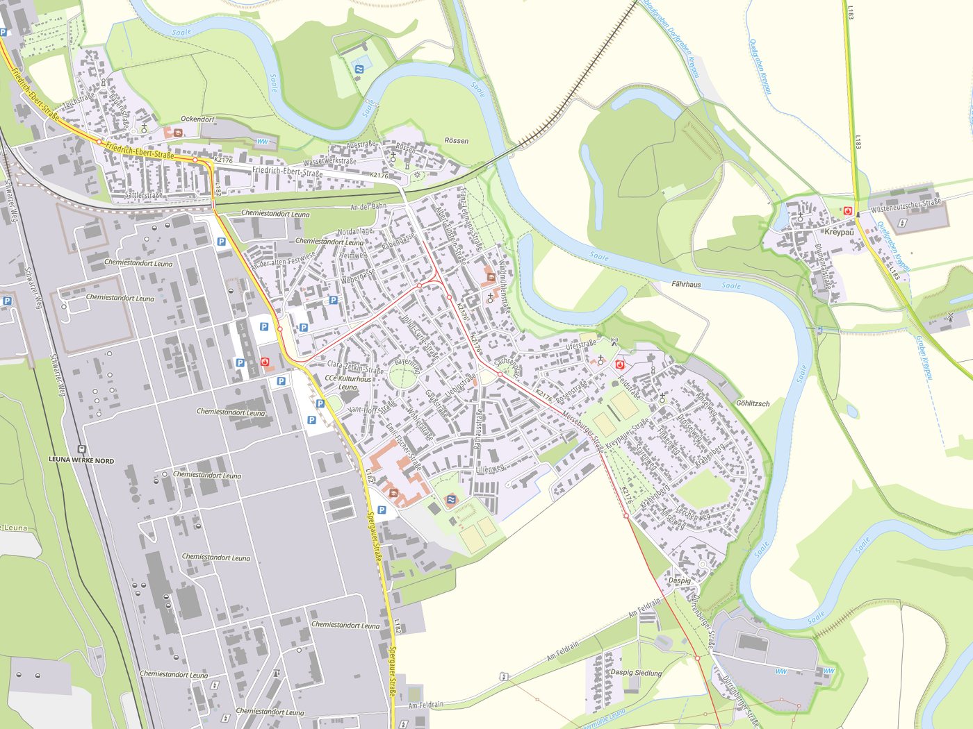 Kartenausschnitt Leuna mit Gewässern