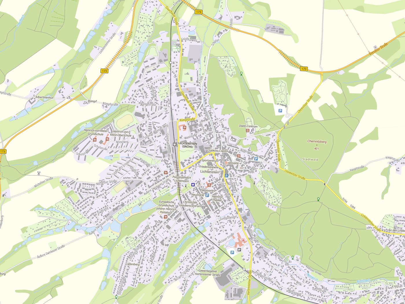 Kartenausschnitt Lichtenstein mit Gewässern