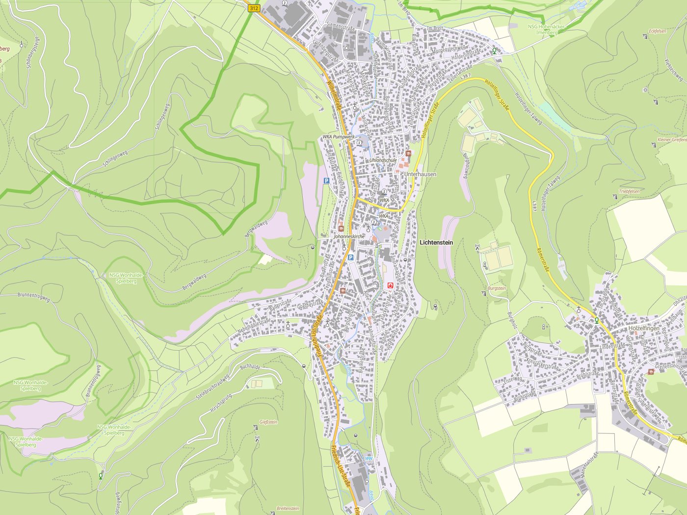 Kartenausschnitt Lichtenstein mit Gewässern