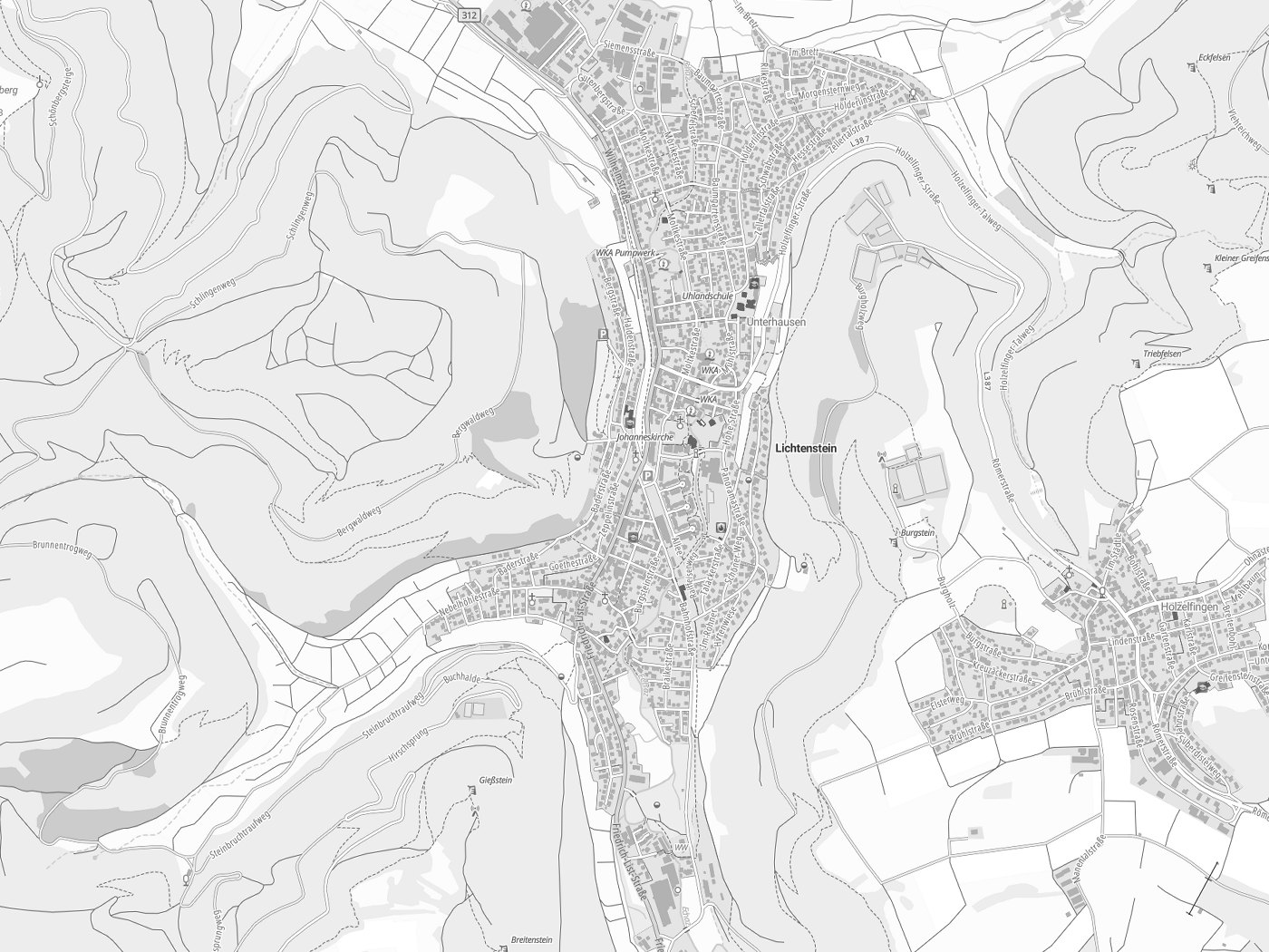 Kartenausschnitt Lichtenstein mit Gewässern